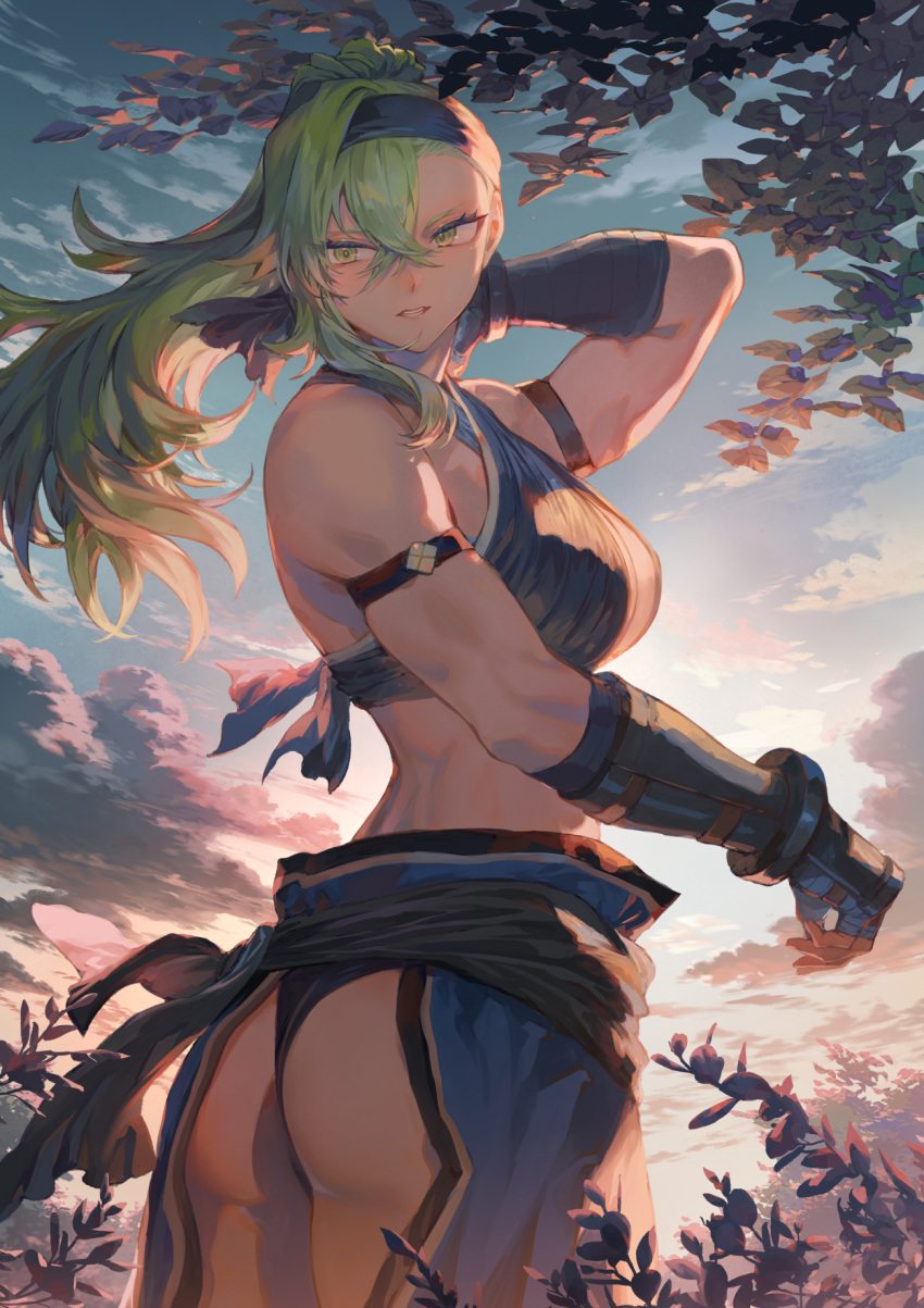 1girl ass bare_shoulders biceps blue_sky breasts green_eyes green_hair hairband highres large_breasts lecia_(hijiri_kishi_sonia-san) long_hair looking_back mashuu_(neko_no_oyashiro) muscular muscular_female original ponytail sky solo thick_thighs thighs