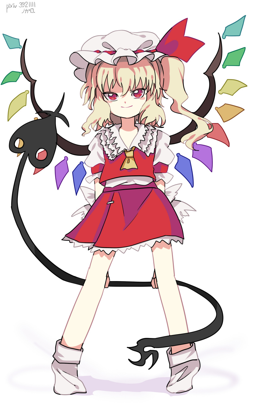 1girl absurdres ascot blonde_hair closed_mouth flandre_scarlet full_body hat highres holding holding_polearm holding_weapon ichirugi laevatein_(touhou) light_smile looking_at_viewer medium_hair mob_cap multicolored_wings no_shoes one_side_up polearm puffy_short_sleeves puffy_sleeves red_eyes red_skirt red_vest shirt short_sleeves simple_background skirt socks solo standing touhou vest weapon white_background white_hat white_shirt white_socks wings yellow_ascot