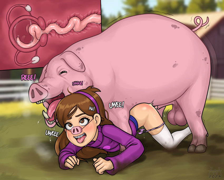 aaaninja balls bestiality clothing disney domestic_pig duo female feral from_behind_position genitals gravity_falls heart_eyes heart_symbol hi_res human mabel_pines male male/female mammal open_mouth purple_clothing purple_hairband purple_sweater purple_topwear sex suid suina sus_(pig) sweater topwear