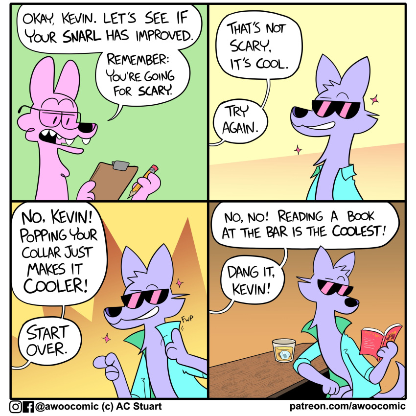 4_panel_comic absurd_res ac_stuart awoo_(ac_stuart) blue_body blue_fur brown_background canid canine canis cheek_tuft dialogue dot_eyes english_text eyewear facial_tuft fangs fur glasses green_background half-closed_eyes hi_res humor kevin_(ac_stuart) mammal narrowed_eyes open_mouth pink_body pink_fur pink_wolf_(ac_stuart) popped_collar simple_background smile sparkles speech_bubble sunglasses teeth text tuft wolf yellow_background