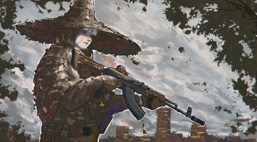 1girl absurdres ammunition_pouch assault_rifle belt camouflage cityscape gloves gun hat highres kalashnikov_rifle optical_sight original pouch rifle scar scar_on_face solo tree van_duck_iii weapon white_hair witch_hat