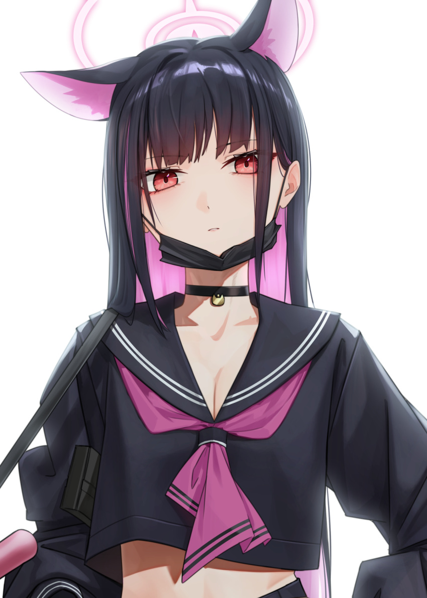 1girl alternate_hair_length alternate_hairstyle animal_ears black_choker black_gloves black_hair black_sailor_collar black_serafuku black_shirt black_skirt blue_archive breasts cat_choker cat_ears choker cleavage closed_mouth colored_inner_hair extra_ears fingerless_gloves gloves halo highres kazusa_(blue_archive) kis_sako looking_at_viewer mask mouth_mask multicolored_hair neckerchief pink_hair pink_halo pink_nails pink_neckerchief red_eyes sailor_collar school_uniform serafuku shirt simple_background skirt small_breasts solo two-tone_hair upper_body white_background