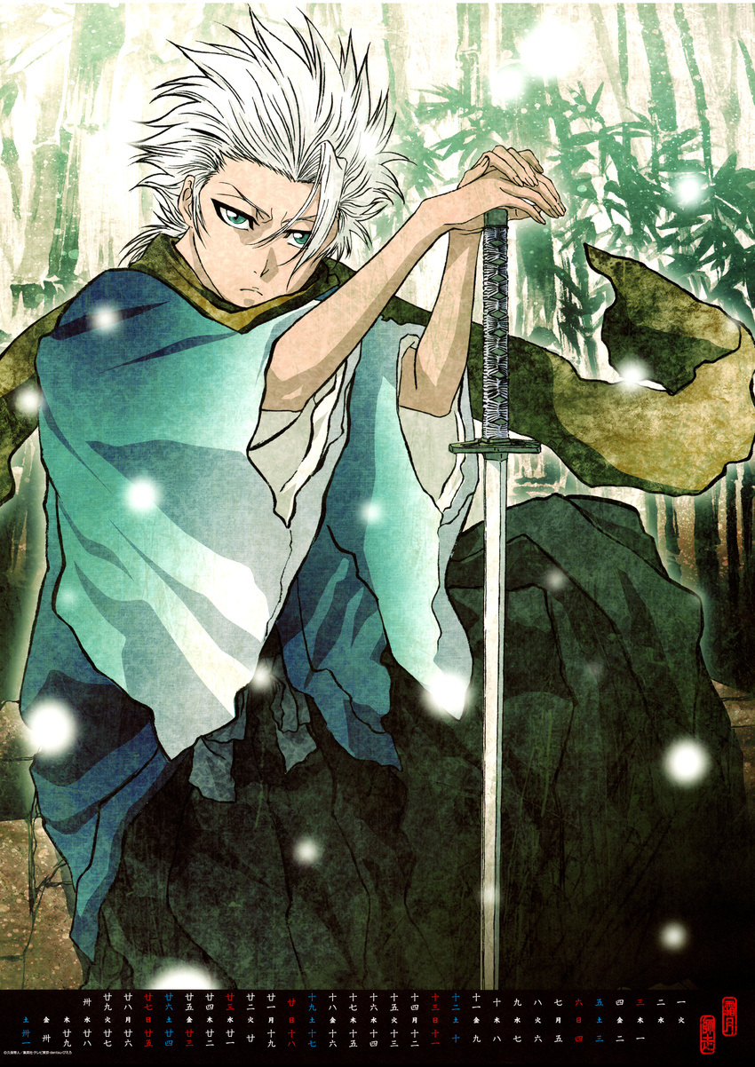 absurdres bamboo bamboo_forest bleach forest highres hitsugaya_toushirou japanese_clothes kimono male_focus nature scarf solo spiked_hair sword weapon white_hair