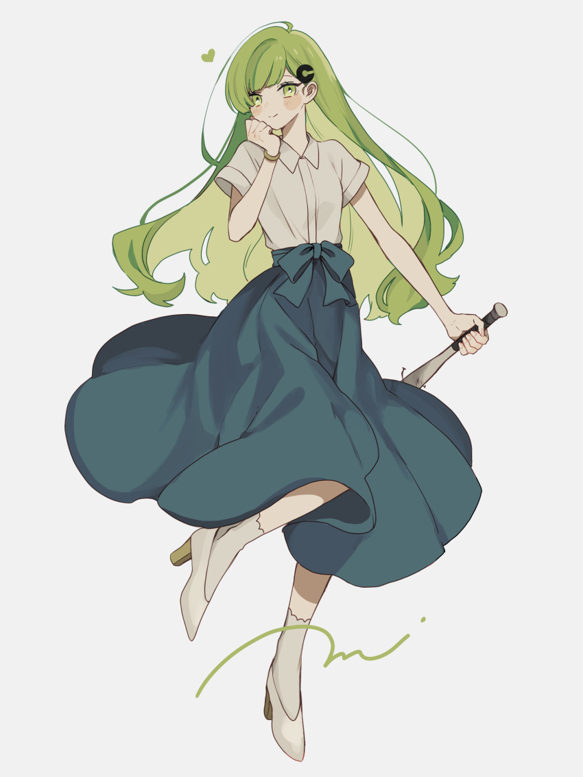 1girl baseball_bat blush_stickers bracelet collared_shirt full_body green_eyes green_hair hand_on_own_cheek hand_on_own_face high_heels highres holding holding_baseball_bat jewelry long_hair long_skirt looking_at_viewer maco22 nail nail_bat original shirt short_sleeves skirt smile socks solo very_long_hair