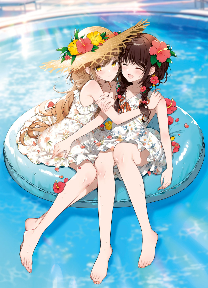 2girls barefoot blush braid brown_hair couple dress flower futaribeya hair_flower hair_ornament highres kawawa_sakurako light_brown_hair long_hair looking_at_another multiple_girls open_mouth parted_hair pool ribbon skirt smile toes twin_braids water wavy_hair yamabuki_kasumi yellow_eyes yukiko_(tesseract) yuri