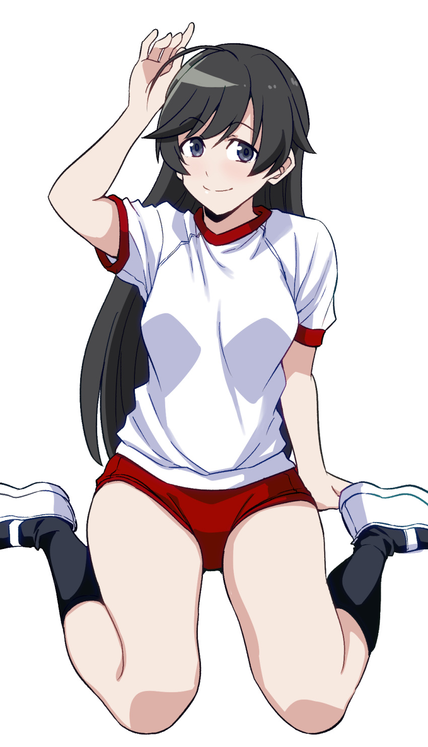 1girl arm_up black_hair black_socks breasts buruma closed_mouth girls_und_panzer gym_shirt gym_uniform highres isuzu_hana kneehighs long_hair looking_at_viewer ponzu_rui red_buruma shirt shoes short_sleeves simple_background sitting smile sneakers socks solo white_background white_footwear white_shirt