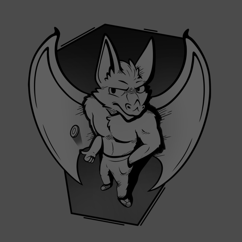 anthro bat bat_ears bat_nose bat_wings bottomwear cel_shading cheek_tuft chest_tuft clothing coin coin_flip digital_media_(artwork) facial_tuft footwear frown fur grey_background greyscale grumpy hair hand_in_pocket hi_res high-angle_view humanoid_pointy_ears looking_aside luhrak male mammal membrane_(anatomy) membranous_wings monochrome mouth_closed muscular muscular_anthro muscular_male outline pants pants_only pecs pockets shaded shirtless shoes simple_background simple_shading solo tuft wings