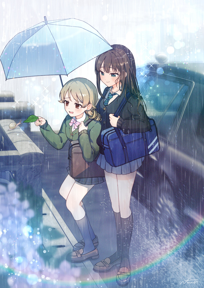 2girls absurdres bag black_car black_socks blurry blush bokeh bow bowtie cardigan depth_of_field green_cardigan grey_skirt highres holding holding_leaf holding_umbrella idolmaster idolmaster_cinderella_girls leaf looking_at_animal looking_at_another morikubo_nono multiple_girls necktie outdoors pink_bow pink_bowtie pleated_skirt rain school_bag school_uniform shared_umbrella shibuya_rin skirt snail socks striped_necktie umbrella wet wet_hair yukinuno