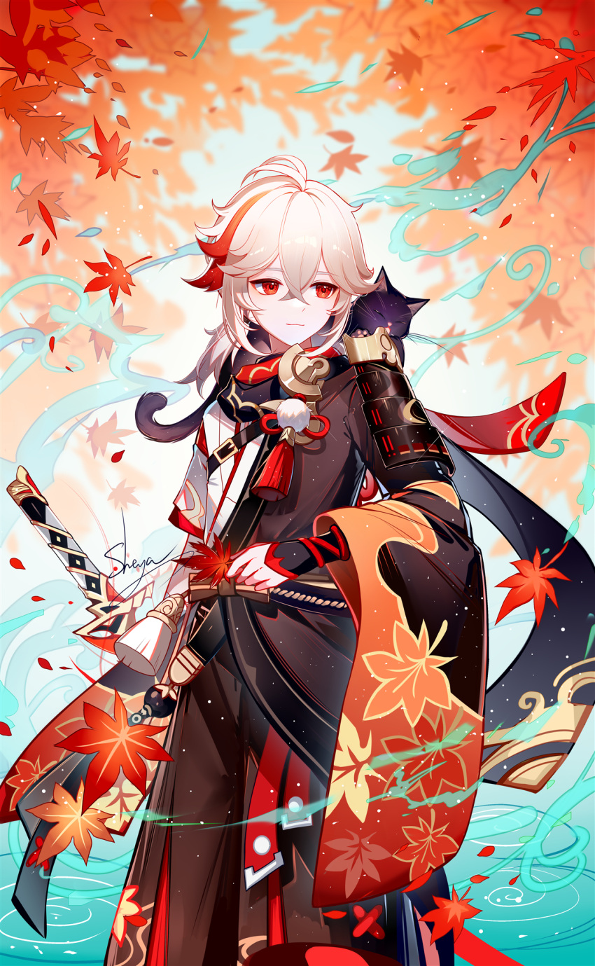 1boy animal_on_shoulder antenna_hair armor artist_name asymmetrical_sleeves autumn_leaves black_pants black_robe cat cat_on_shoulder commentary_request cowboy_shot genshin_impact highres japanese_clothes kaedehara_kazuha kagotsurube_isshin_(genshin_impact) kimono leaf_print long_sleeves male_focus medium_hair multicolored_hair pants pom_pom_(clothes) red_eyes red_hair revision robe sheya short_sleeves shoulder_armor signature standing streaked_hair white_hair white_kimono