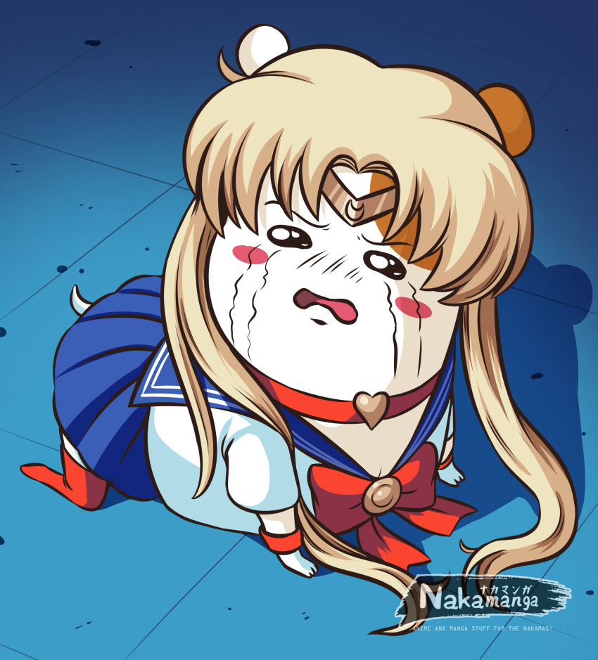 absurd_res anthro asian_clothing blonde_hair blush bodily_fluids clothed clothing cosplay cricetid crying digital_media_(artwork) east_asian_clothing ebichu female fur hair hamster hi_res japanese_clothing japanese_school_uniform mammal meme nakamanga open_mouth oruchuban_ebichu rodent sailor_moon_(character) sailor_moon_(series) sailor_moon_redraw_challenge school_uniform solo tail tears uniform white_body white_fur