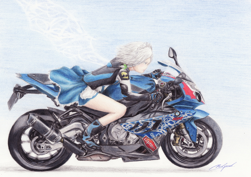 bmw bmw_hp4 braid ground_vehicle izayoi_sakuya maid_headdress motor_vehicle motorcycle rpracing short_hair silver_hair solo touhou