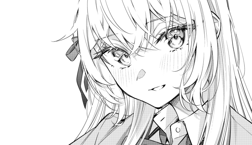 1girl alisa_mikhailovna_kujou blush close-up commentary_request greyscale hair_between_eyes hair_ribbon head_tilt highres long_hair looking_at_viewer monochrome parted_lips ribbon school_uniform simple_background smile solo tenacitysaho tokidoki_bosotto_roshia-go_de_dereru_tonari_no_arya-san white_background wing_collar