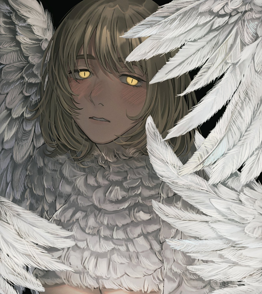 1girl black_background blonde_hair commentary dungeon_meshi expressionless falin_touden falin_touden_(chimera) feathered_wings feathers glowing glowing_eyes highres looking_at_viewer monster_girl parted_lips portrait sasakura34 short_hair slit_pupils solo spoilers white_wings wings yellow_eyes