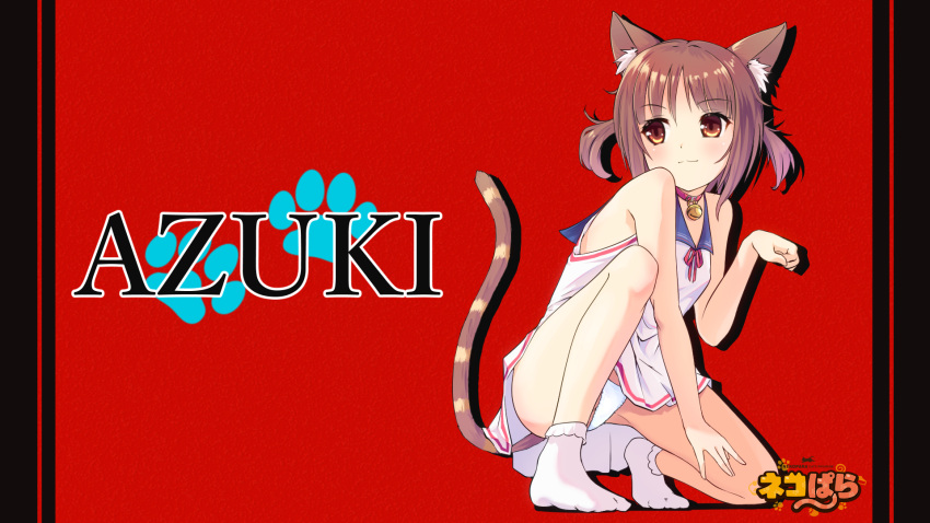 1girl :3 \||/ animal_ear_fluff animal_ears ass_visible_through_thighs azuki_(nekopara) bare_arms bare_shoulders bell between_legs blue_sailor_collar blush bow brown_eyes brown_hair cat_ears cat_girl cat_tail character_name choker closed_mouth commentary_request copyright_name dress drop_shadow eyes_visible_through_hair full_body hand_between_legs hand_up highres jingle_bell lace-trimmed_panties lace_trim looking_to_the_side medium_hair neck_bell nekopara no_shoes panties pantyshot parted_bangs paw_pose paw_print raiz_art_works red_bow red_choker red_ribbon ribbon sailor_collar sailor_dress simple_background sleeveless sleeveless_dress slit_pupils smile socks solo split_mouth squatting straight_hair striped_tail tail tail_raised thighs two_side_up underwear white_dress white_panties white_socks