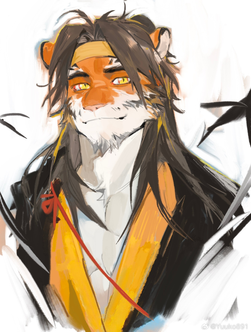 animal_ears arknights bara beard cropped_torso facial_hair furry furry_male headband highres huai_tianpei_(arknights) long_hair looking_at_viewer male_focus mature_male pectoral_cleavage pectorals smile thick_beard thick_eyebrows tiger_boy tiger_ears unfinished yellow_eyes yellow_headband yuuko_(yuuko891)