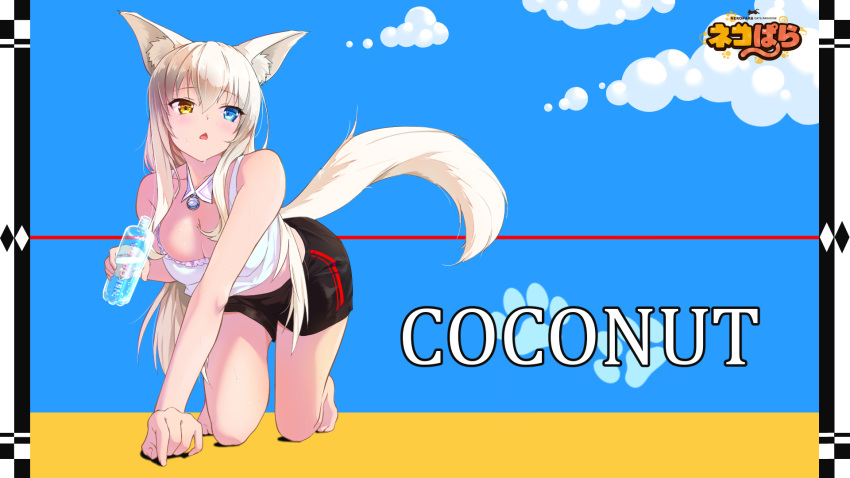 1girl all_fours animal_ear_fluff animal_ears bare_arms bare_legs bare_shoulders barefoot bell black_shorts blonde_hair blue_eyes blue_sky blush bottle breasts cat_ears cat_girl cat_tail character_name chestnut_mouth cleavage cloud coconut_(nekopara) collarbone commentary copyright_name crop_top dark-skinned_female dark_skin day detached_collar frilled_shirt frills full_body hair_between_eyes hair_spread_out hand_up heterochromia highres holding holding_bottle hot jingle_bell large_breasts long_hair looking_to_the_side neck_bell nekopara open_mouth outdoors raiz_art_works shirt shorts sidelocks simple_background sky sleeveless sleeveless_shirt solo straight_hair strap_slip sweat tail tail_raised thighs tiptoes very_long_hair water_bottle white_shirt yellow_eyes