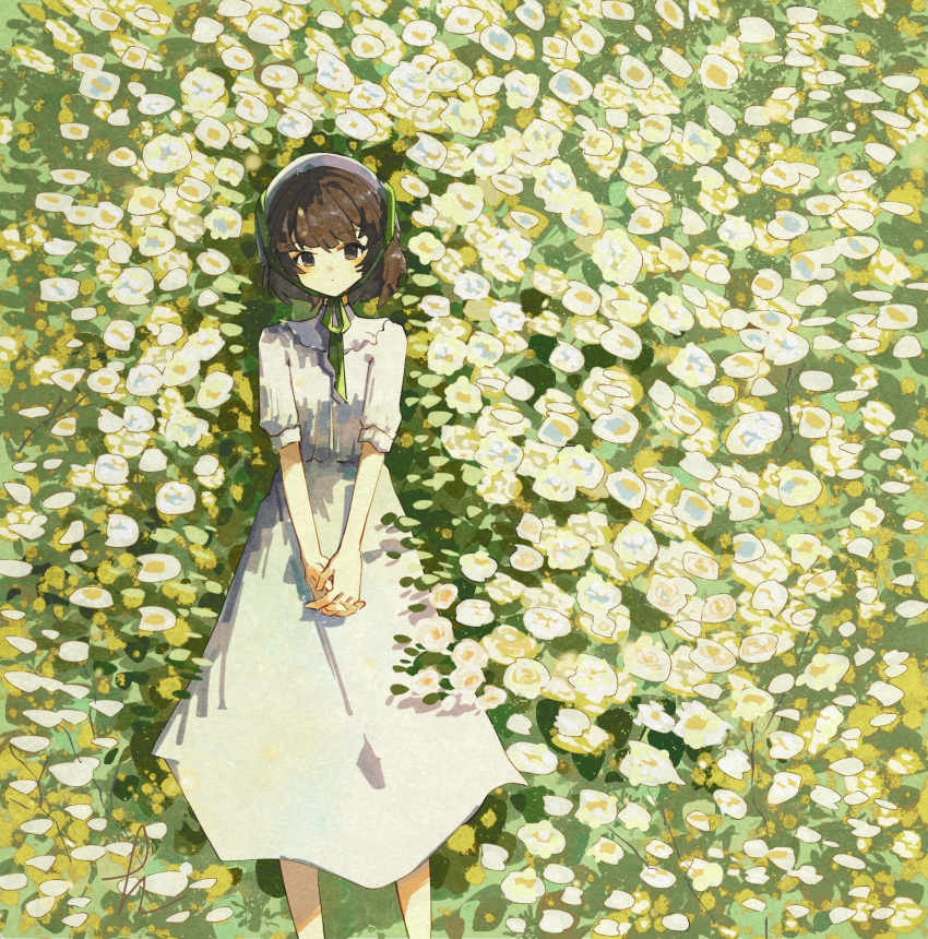 1girl brown_eyes brown_hair chin_strap closed_mouth day dress feet_out_of_frame flower ge_dazuo green_ribbon highres looking_at_viewer original outdoors own_hands_together ribbon short_hair short_sleeves signature solo white_dress white_flower white_hat