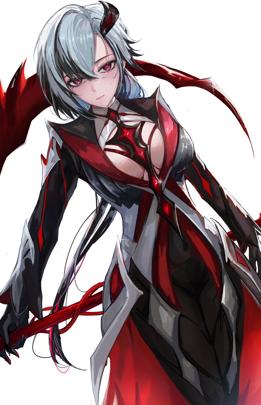 1girl absurdres arlecchino_(genshin_impact) arnkun black_bodysuit black_hair black_hands bodysuit breasts closed_mouth coat english_commentary fingernails genshin_impact grey_coat grey_hair hair_between_eyes highres holding holding_scythe large_breasts long_hair long_sleeves looking_at_viewer multicolored_hair red_pupils scythe serious sharp_fingernails solo streaked_hair symbol-shaped_pupils white_background x-shaped_pupils