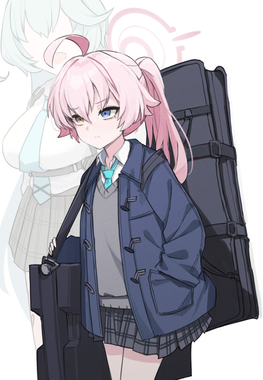 2girls ahoge aqua_necktie bag_(chrko_bag) bags_under_eyes blue_archive blue_eyes blue_jacket breasts cardigan chest_harness closed_mouth collared_shirt cowboy_shot fading grey_cardigan halo hand_in_pocket harness heterochromia highres hoshino_(blue_archive) hoshino_(young)_(blue_archive) jacket long_hair multiple_girls necktie no_eyes pink_hair pink_halo plaid plaid_skirt ponytail shirt skirt weapon_case white_background white_shirt yellow_eyes yume_(blue_archive)
