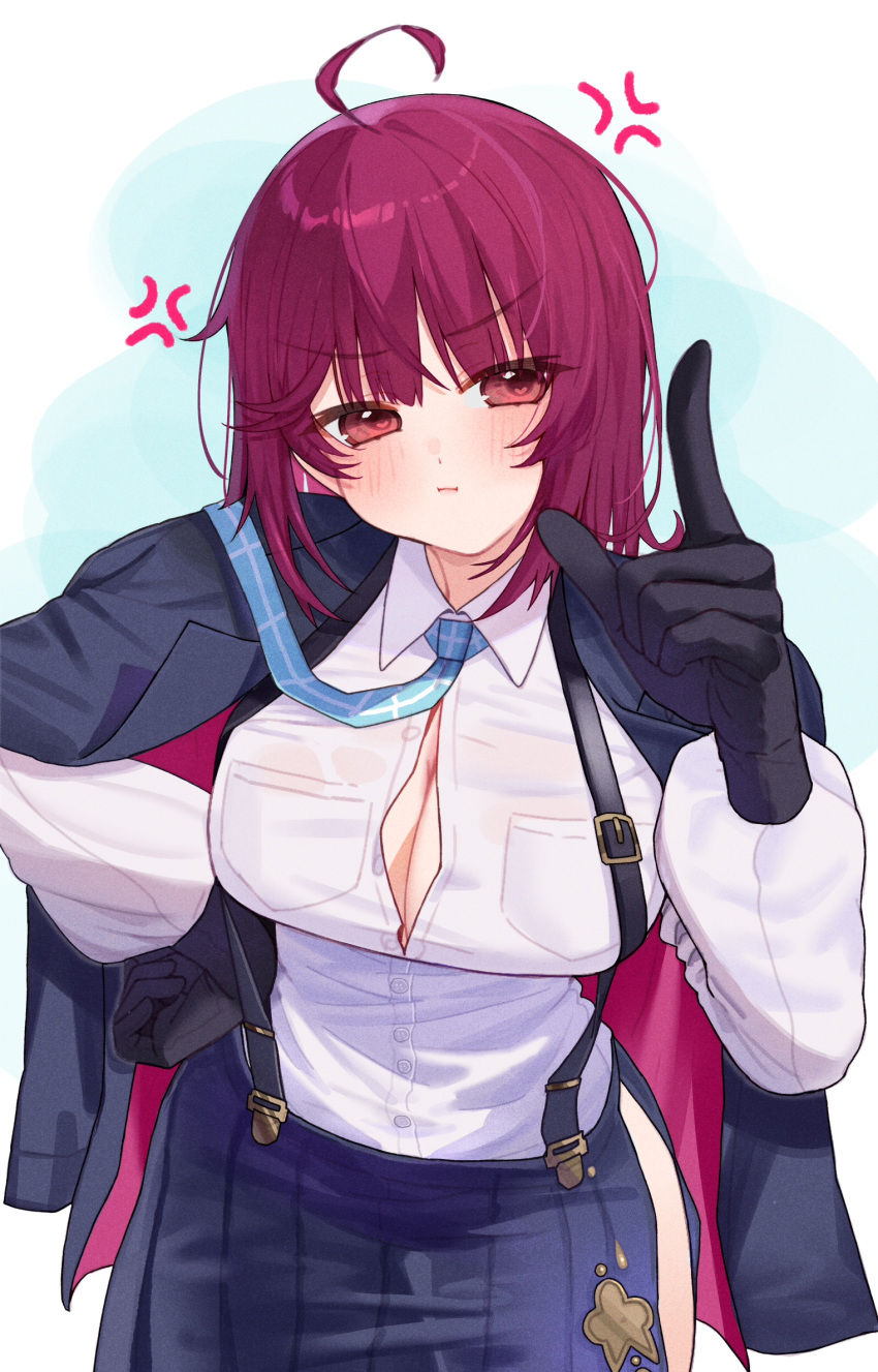 1girl :i ahoge anger_vein atelier_(series) atelier_sophie black_gloves black_jacket blue_background blue_necktie blue_skirt blush breasts cleavage closed_mouth collared_shirt commentary_request dress_shirt gloves hand_on_own_hip hand_up highres index_finger_raised jacket jacket_on_shoulders large_breasts long_hair long_sleeves looking_at_viewer necktie partially_unbuttoned pleated_skirt pout puffy_long_sleeves puffy_sleeves red_eyes red_hair ryuuno6 shirt skirt solo sophie_neuenmuller suspender_skirt suspenders v-shaped_eyebrows white_background white_shirt