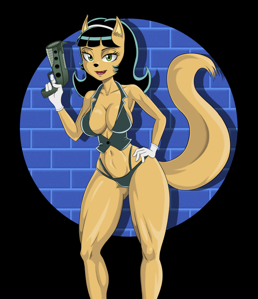 2024 abs absurd_res accessory anthro black_hair breasts cleavage clothed clothing colored domestic_cat felid feline felis female gloves green_eyes gun hair hair_accessory hairband hand_on_hip handgun handwear haru4477 hi_res highlights_(coloring) kitty_katswell leather leather_clothing looking_at_viewer mammal midriff muscular muscular_female nickelodeon pistol portrait ranged_weapon raygun shaded skimpy smile solo standing t.u.f.f._puppy tail tan_body thong three-quarter_portrait topwear underwear vest weapon