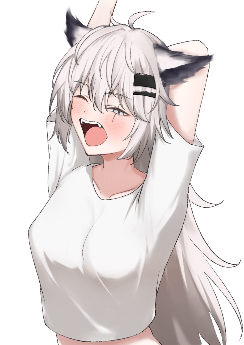 1girl absurdres animal_ears arknights arms_up blush collarbone fangs grey_eyes grey_hair hair_ornament hairclip half-closed_eye highres kouyadoufu lappland_(arknights) long_hair one_eye_closed open_mouth scar scar_across_eye shirt short_sleeves simple_background solo stretching t-shirt teeth upper_body upper_teeth_only white_background white_shirt wolf_ears wolf_girl yawning