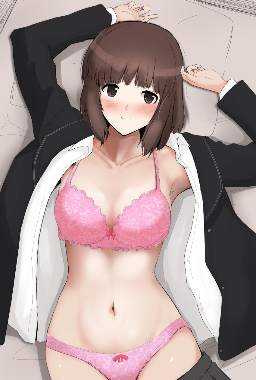 1girl absurdres amagami armpits arms_up black_jacket black_sailor_collar black_skirt blazer blush bob_cut bow bow_bra bow_panties bra breasts brown_eyes brown_hair closed_mouth clothes_pull collarbone collared_shirt commentary curled_fingers dress_shirt embarrassed gyuunyuu_pack_(tanaka) highres jacket kibito_high_school_uniform lace lace_bra lace_panties looking_at_viewer looking_up loose_hair_strand lying medium_breasts navel nose_blush on_back open_clothes open_jacket open_shirt panties partially_colored pillow pink_bow pink_bra pink_panties pleated_skirt sailor_collar school_uniform shirt short_hair skirt skirt_pull smile solo tanaka_keiko_(amagami) underwear white_shirt