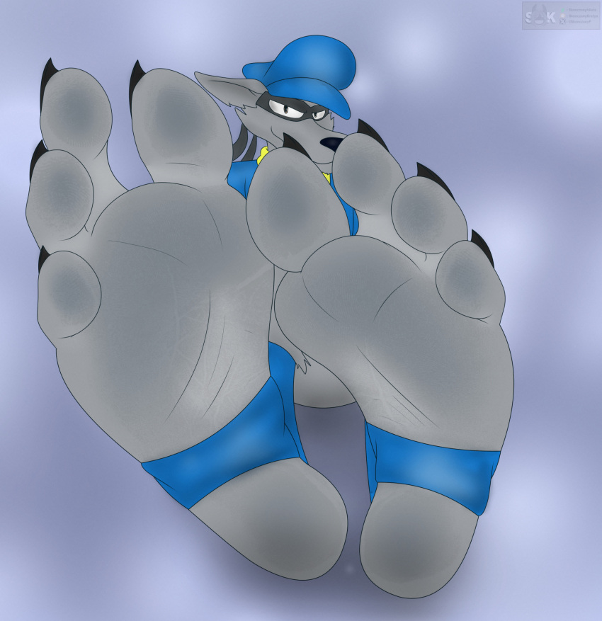 4_toes anthro artist_logo black_mask black_nose black_toe_claws blue_clothing blue_footwear blue_hat blue_headwear blue_shirt blue_topwear brown_eyes clothing feet foot_fetish foot_focus footwear fur grey_body grey_fur hat headgear headwear hi_res logo looking_at_viewer male mammal narrowed_eyes plantigrade procyonid purple_background raccoon shaded shirt simple_background skonczonyidiota sly_cooper sly_cooper_(series) smile smiling_at_viewer smirk smirking_at_viewer socks solo sony_corporation sony_interactive_entertainment steam stirrup_socks sucker_punch_productions toes topwear yellow_clothing