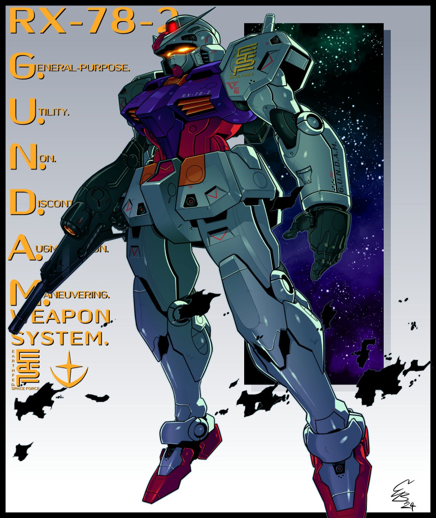 2024 arms_at_sides beam_rifle black_border border character_name earth_federation_space_forces energy_gun english_text ethandoesathing full_body glowing glowing_eyes gun gundam highres holding holding_gun holding_weapon looking_ahead mecha mecha_focus mobile_suit mobile_suit_gundam no_humans open_hand outside_border redesign robot romaji_commentary rx-78-2 science_fiction signature solo v-fin weapon yellow_eyes