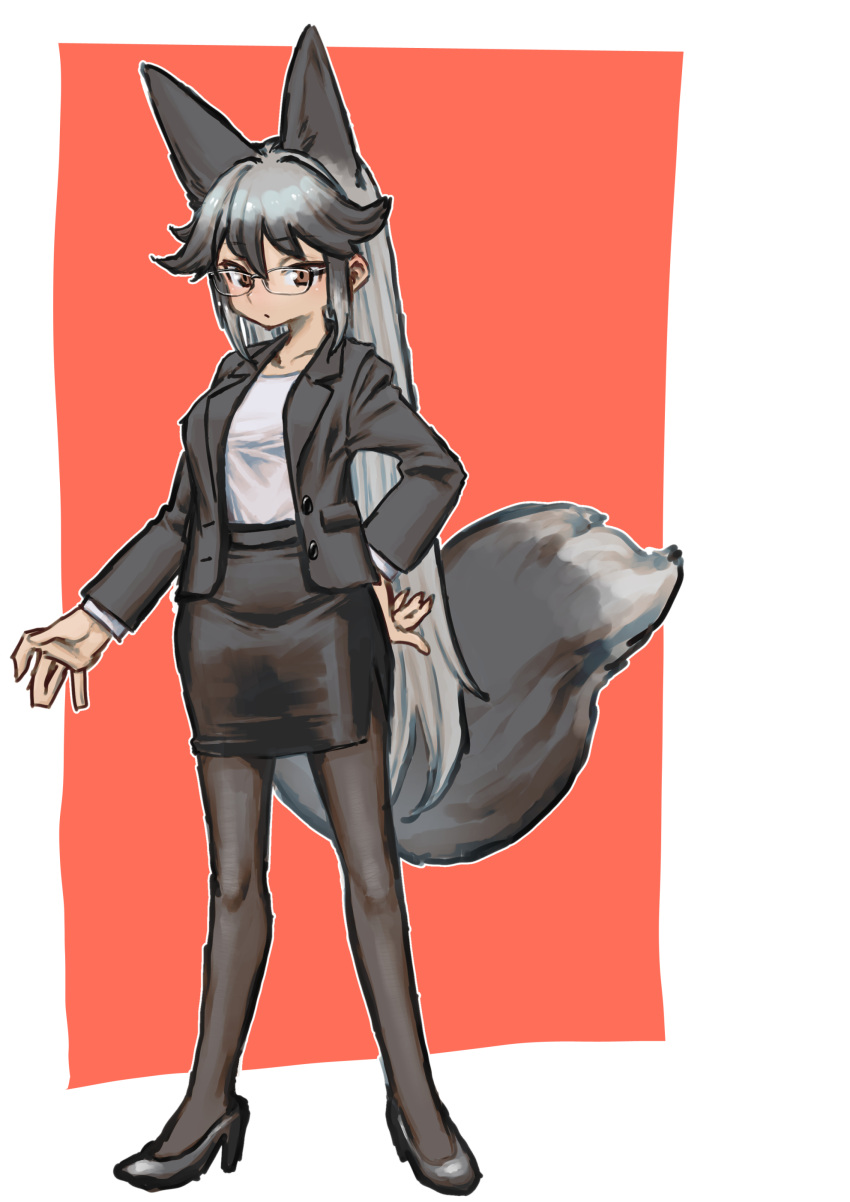 1girl absurdres alternate_costume animal_ears arairestaurant black_footwear black_hair black_jacket black_pantyhose black_skirt collarbone extra_ears fox_ears fox_girl fox_tail full_body glasses grey_hair hair_between_eyes hand_on_own_hip high_heels highres jacket kemono_friends long_hair long_sleeves multicolored_hair office_lady open_clothes open_jacket orange_eyes pantyhose pencil_skirt shirt shirt_tucked_in sidelocks silver_fox_(kemono_friends) skirt solo tail white_shirt