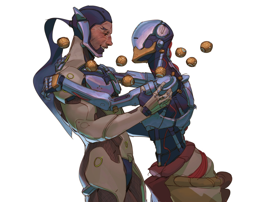 2boys cyborg eye_contact feet_out_of_frame floating floating_object from_side genji_(overwatch) hands_on_another's_shoulders highres hug humanoid_robot looking_at_another male_focus multiple_boys overwatch overwatch_1 robot simple_background standing treslech3s white_background zenyatta_(overwatch)