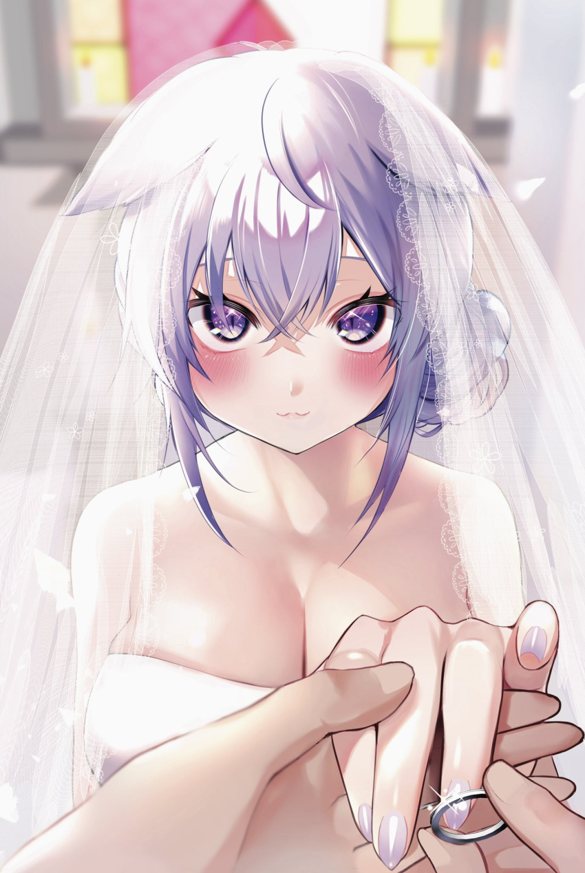 1girl :3 animal_ears blush breasts cat_ears cat_girl cleavage dress hand_grab highres holding holding_jewelry holding_ring hololive jewelry large_breasts looking_at_viewer medium_hair nail_polish nekomata_okayu purple_eyes purple_hair purple_nails ring smile tako_8_yaki veil virtual_youtuber wedding_dress wedding_ring white_dress