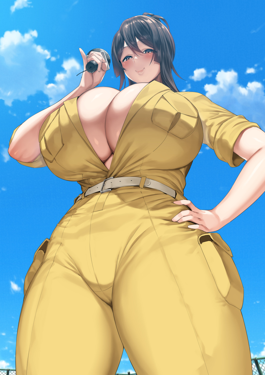 1girl absurdres belt black_hair blue_sky breasts brown_eyes chain-link_fence cleavage closed_mouth cloud commentary_request curvy day fence from_behind hair_between_eyes hakai_shin hand_on_own_hip highres holding huge_breasts jumpsuit looking_at_viewer looking_down original outdoors short_sleeves sky smile solo standing thick_thighs thighs wide_hips yellow_jumpsuit