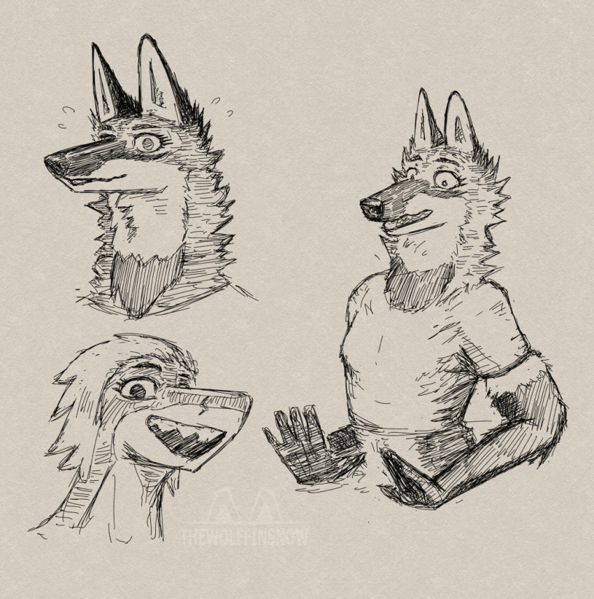 anthro bodily_fluids canid canine expressions female fish invalid_tag mammal maned_wolf marine nervous shark shocked sketch smile sweat teeth thewolffinsnow