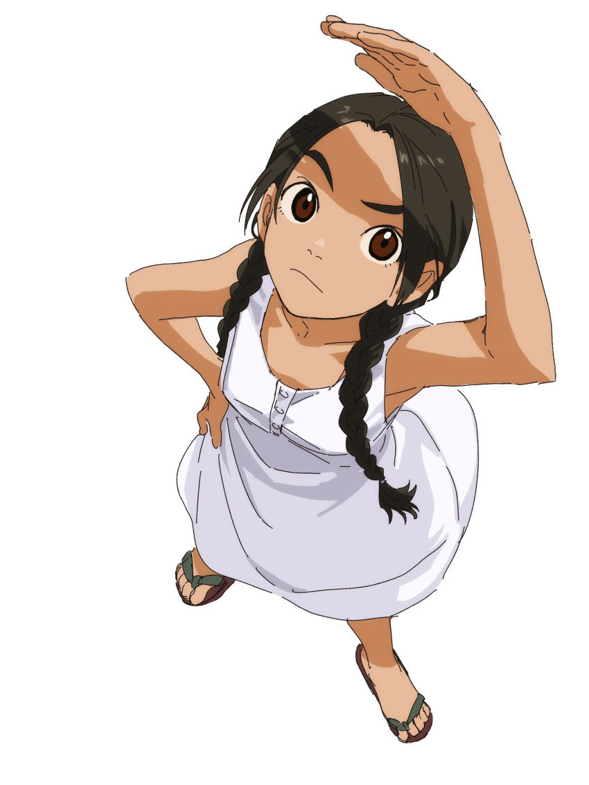 1girl abenobashi_mahou_shoutengai arm_up asahina_arumi black_hair braid brown_eyes buttons closed_mouth commentary dress from_above frown hand_on_own_hip highres looking_at_viewer parted_bangs raised_eyebrow sandals simple_background sleeveless sleeveless_dress solo symbol-only_commentary tan toes twin_braids urasanmyaku white_background white_dress