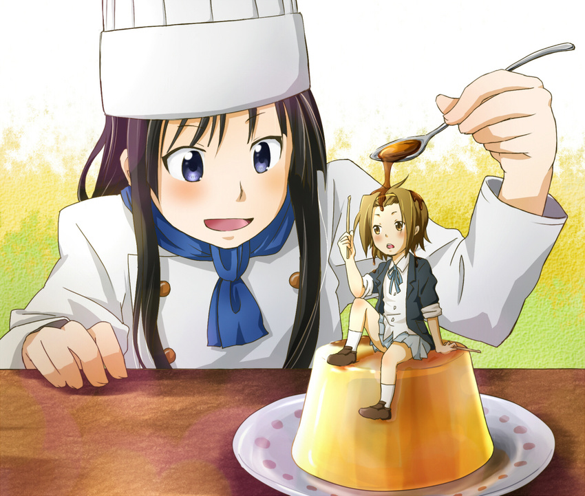 akiyama_mio black_eyes black_hair chef chef_hat drumsticks food hat in_food k-on! long_hair minigirl multiple_girls pudding sauce school_uniform shakeda_mamoshirou sleeves_rolled_up spoon tainaka_ritsu toque_blanche