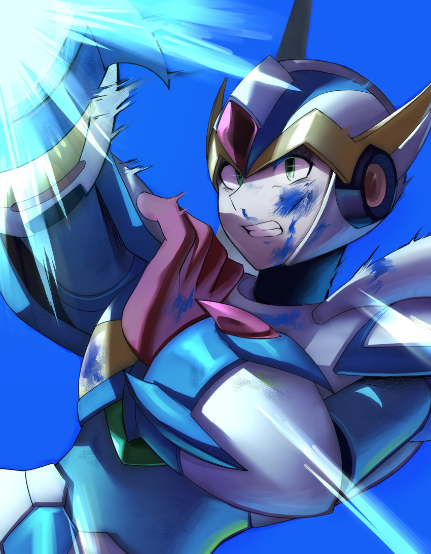 arm_cannon armor blue_background energy falcon_armor_x_(mega_man) forehead_jewel green_eyes helmet highres mega_man_(series) mega_man_x_(series) myamata_no powering_up shoulder_armor simple_background smear_frame weapon white_armor white_helmet x_(mega_man) x_buster