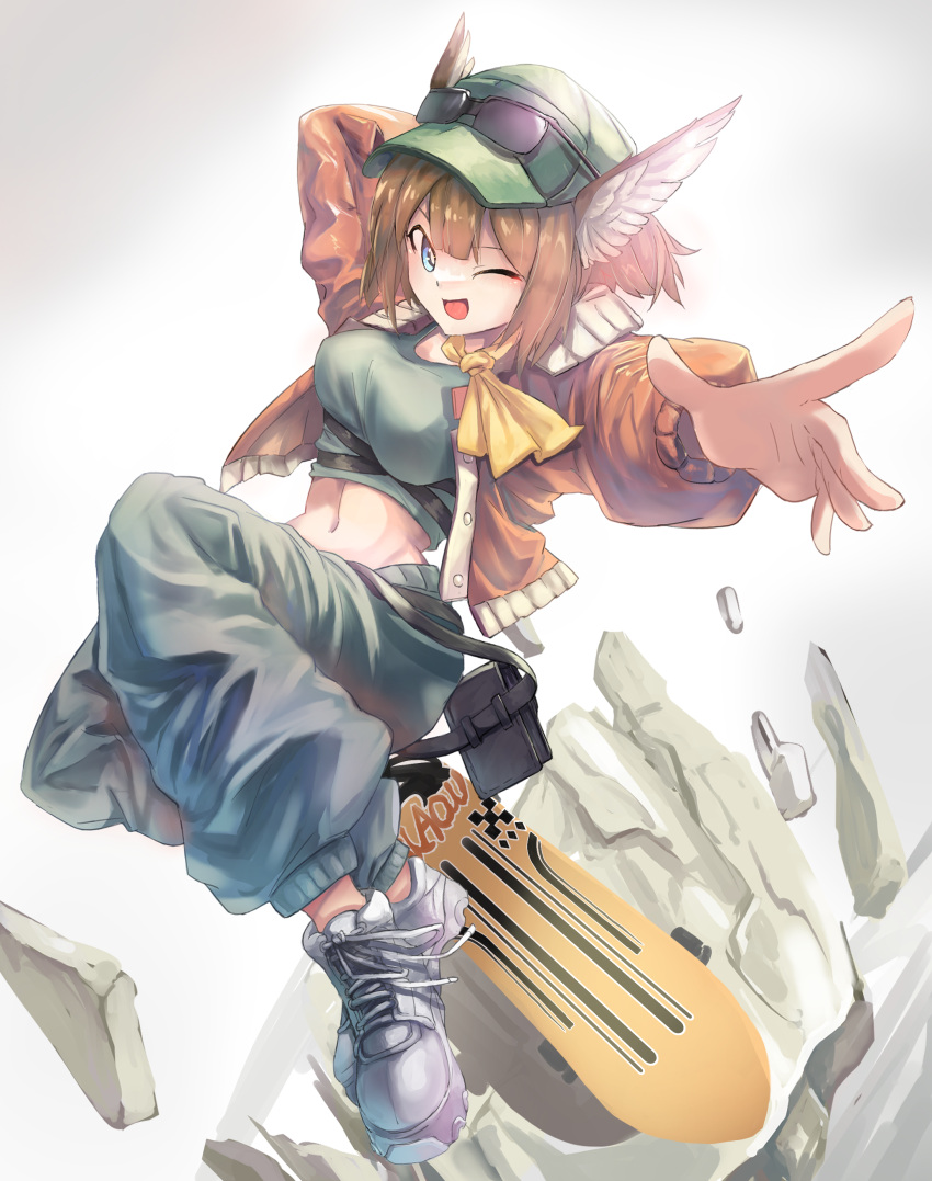 1girl absurdres aciddrop_(arknights) alternate_costume animal_ears arknights baseball_cap bird_ears blue_eyes breasts brown_hair crop_top eyewear_on_head eyewear_on_headwear green_shirt hat highres jacket kirisame_tarou looking_at_viewer midriff navel neckerchief one_eye_closed open_mouth orange_neckerchief pants shirt skateboard solo sunglasses sweatpants white_sneakers