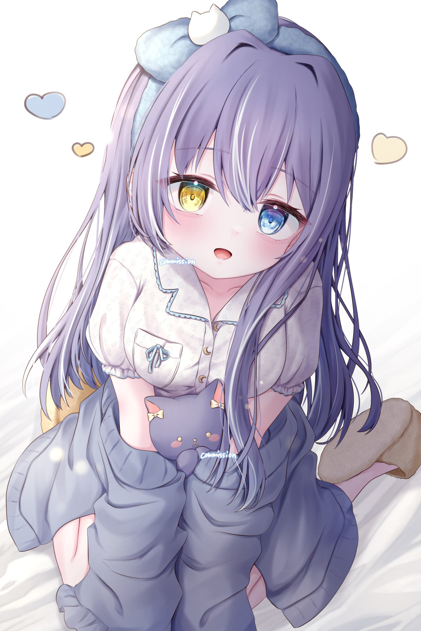 :3 absurdres blush breast_pocket cat collarbone collared_shirt commission ear_ribbon frilled_sleeves frills grey_jacket headband headband_ribbon heart heterochromia highres jacket looking_at_viewer nyao12 off-shoulder_jacket off_shoulder on_bed pocket puffy_short_sleeves puffy_sleeves purple_hair shirt short_sleeves sitting skeb_commission slippers wariza white_background white_shirt