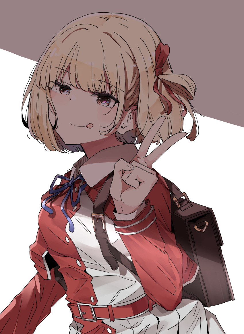 1girl :p absurdres blonde_hair briefcase hair_ribbon highres looking_at_viewer lycoris_recoil lycoris_uniform nishikigi_chisato nyoijizai purple_ribbon red_eyes red_ribbon ribbon school_briefcase short_hair smile solo tongue tongue_out upper_body