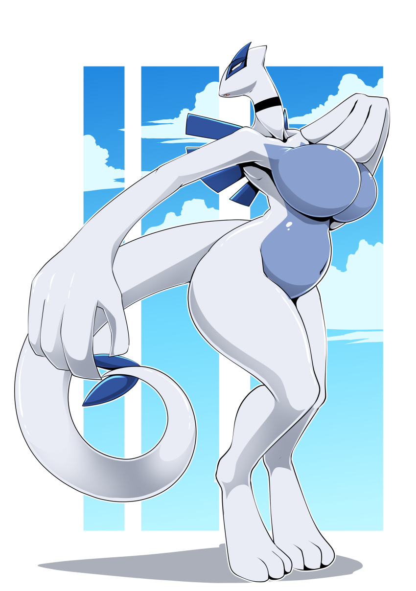 absurd_res anthro big_breasts big_hands blue_body breasts featureless_breasts female generation_2_pokemon hi_res legendary_pokemon lugia mammal nintendo pokemon pokemon_(species) simple_background solo tail vale-city white_body