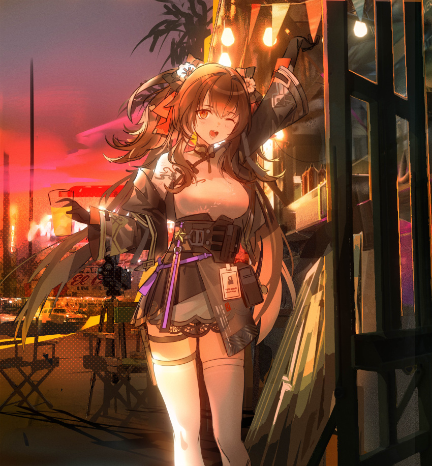 1girl absurdres arm_up black_bow blush bow brown_hair chinese_clothes cup girls'_frontline girls'_frontline_2:_exilium hair_bow hair_ribbon hand_up highres holding holding_cup id_card jing_mei_(hisk) long_hair looking_at_viewer one_eye_closed open_mouth orange_eyes red_ribbon ribbon solo teeth thighhighs twintails type_97_(girls'_frontline) white_thighhighs