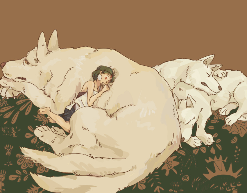 1girl barefoot closed_eyes dress earrings facial_mark feet jewelry lying mononoke_hime moro_(mononoke_hime) negitama_(nagi) on_side san_(mononoke_hime) short_hair sleeping toes white_dress white_fur white_wolf wolf