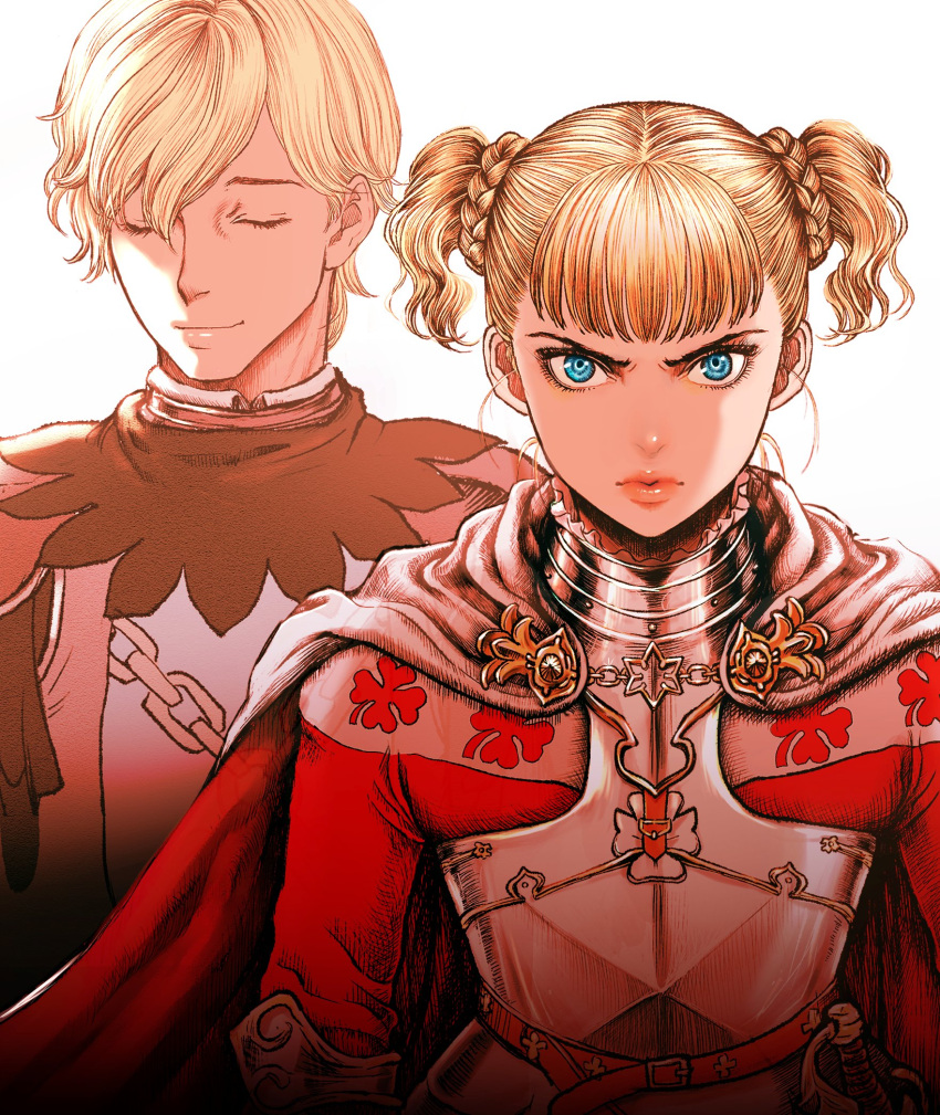 1boy 1girl armor berserk blonde_hair blue_eyes braid cape chain closed_eyes commentary farnese_(berserk) hashtag-only_commentary highres nisino2222 revision serious serpico_(berserk) short_twintails smile twintails two-sided_cape two-sided_fabric v-shaped_eyebrows white_cape