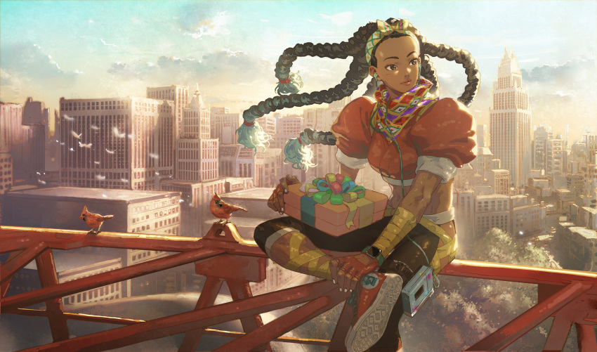 1girl absurdres bird box building cardinal_(animal) city commentary crop_top earbuds earphones english_commentary gift gift_box hairband highres hip_vent kimberly_jackson looking_to_the_side morning official_art quad_braids scarf shoes sitting smartwatch smile sneakers solo street_fighter street_fighter_6 walkman watch wrist_wrap wristwatch
