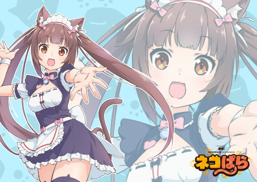 1girl :3 :d animal_ear_fluff animal_ears animal_print anime_coloring apron back_bow bell black_shirt black_skirt black_thighhighs blunt_bangs blush bow bowtie brown_eyes brown_hair buttons cat_ears cat_girl cat_print cat_tail chocola_(nekopara) cleavage_cutout clothing_cutout commentary_request copyright_name cowboy_shot derivative_work floating_hair frilled_apron frilled_skirt frills hair_bow hair_ribbon happy heart-shaped_ornament heart_button highres jingle_bell light_blue_background long_hair looking_at_viewer maid maid_headdress neck_bell nekopara open_mouth outstretched_arm outstretched_hand paw_print pink_bow pink_bowtie puffy_short_sleeves puffy_sleeves raiz_art_works reaching reaching_towards_viewer ribbon shirt short_sleeves sidelocks simple_background skirt slit_pupils smile solo straight_hair tail tail_raised tareme thighhighs twintails very_long_hair waist_apron waitress white_apron white_bow white_ribbon white_wrist_cuffs wide-eyed wrist_cuffs zettai_ryouiki