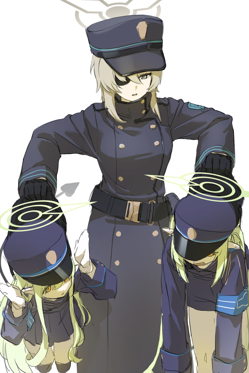 absurdres armor belt black_belt black_gloves blonde_hair blue_archive blue_armor blue_coat blue_eyes buttons carrying carrying_multiple_people carrying_person clothes_grab coat dangling demon_tail double-breasted eyepatch gloves green_hair hands_up hat highres hikari_(blue_archive) long_hair long_sleeves medium_hair nozomi_(blue_archive) peaked_cap piroshiki_(aoraro) pleated_skirt pointy_ears shorts skirt suou_(blue_archive) tail very_long_hair white_background white_gloves