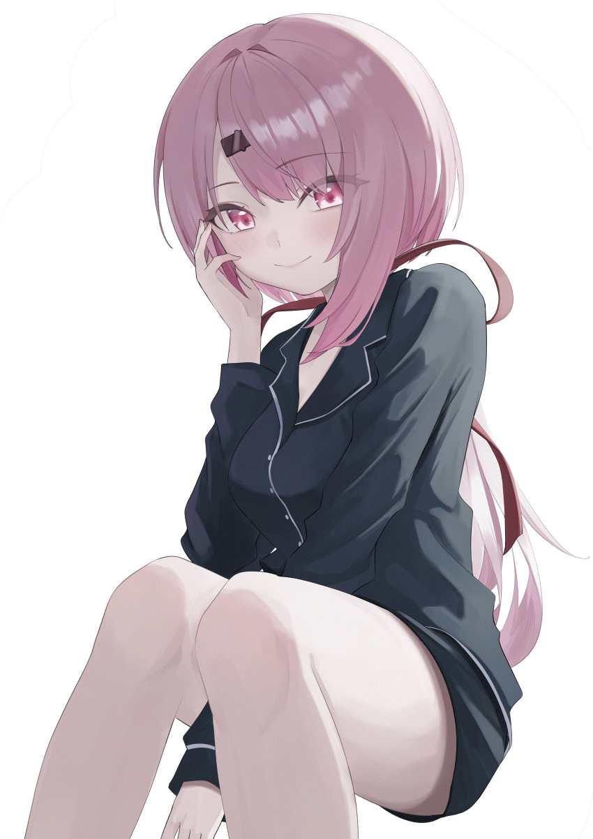 1girl absurdres akane_(tgixb) black_shirt black_shorts hair_ornament hairclip highres invisible_chair long_hair long_sleeves looking_at_viewer low_ponytail nijisanji pink_eyes pink_hair pink_nails shiina_yuika shirt shorts simple_background sitting solo very_long_hair virtual_youtuber white_background