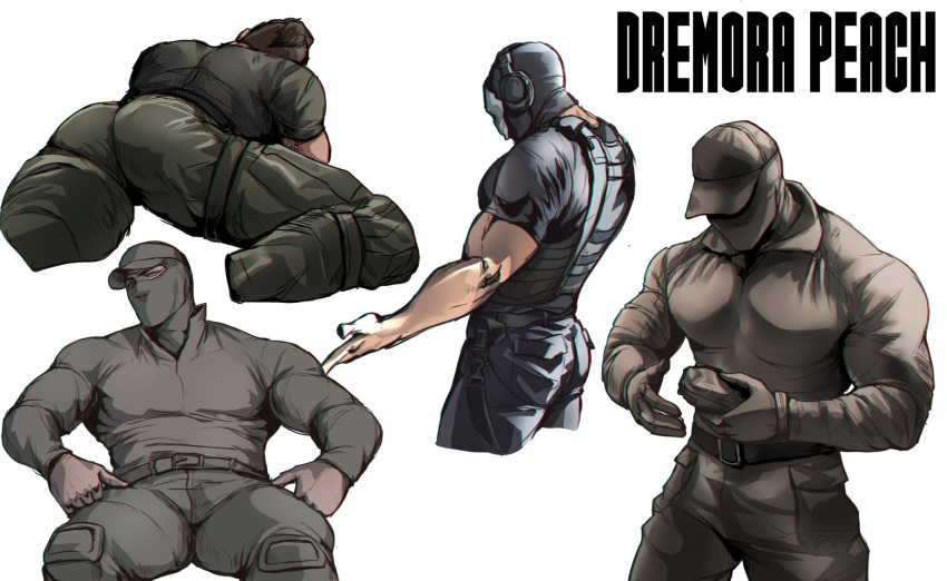 4boys bad_id bad_twitter_id bara baseball_cap belt bulge call_of_duty call_of_duty:_modern_warfare_2 character_request cowboy_shot cropped_legs dremora_peach from_side ghost_(modern_warfare_2) hat highres large_pectorals lying male_focus mask military_uniform mouth_mask multiple_boys multiple_views muscular muscular_male on_stomach pants pectorals soap_(modern_warfare_2) spread_legs standing uniform