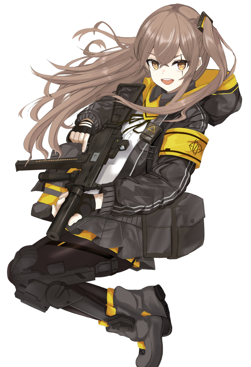 1girl 404_logo_(girls'_frontline) absurdres armband black_footwear black_gloves black_jacket black_pantyhose black_skirt boots brown_eyes brown_hair exoskeleton fingerless_gloves full_body girls'_frontline gloves green_pupils gun h&amp;k_ump hair_between_eyes highres holding holding_gun holding_weapon hood hooded_jacket jacket koenza_botoke long_hair one_side_up open_mouth pantyhose pleated_skirt sailor_collar scar scar_across_eye shirt simple_background skirt smile solo submachine_gun suppressor teeth trigger_discipline ump45_(girls'_frontline) upper_teeth_only weapon white_background white_shirt yellow_armband